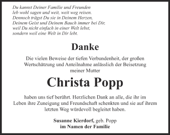 Traueranzeige von Christa Popp von Ostthüringer Zeitung
