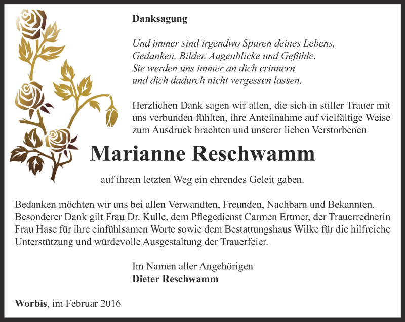  Traueranzeige für Marianne Reschwamm vom 13.02.2016 aus Thüringer Allgemeine