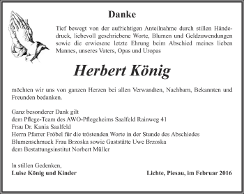 Traueranzeige von Herbert König von Ostthüringer Zeitung