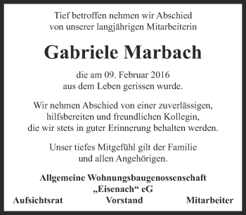 Traueranzeige von Gabriele Marbach von Thüringer Allgemeine, Thüringische Landeszeitung