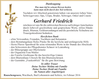 Traueranzeige von Gerhard Friedrich von Ostthüringer Zeitung