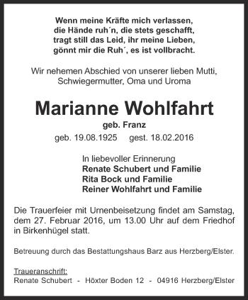 Traueranzeige von Marianne Wohlfahrt von Ostthüringer Zeitung