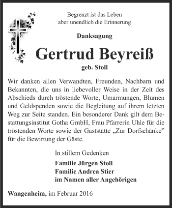 Traueranzeige von Gertrud Beyreiß von Ostthüringer Zeitung, Thüringische Landeszeitung