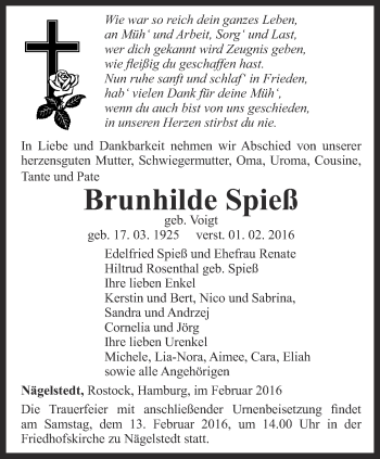 Traueranzeige von Brunhilde Spieß von Thüringer Allgemeine, Thüringische Landeszeitung