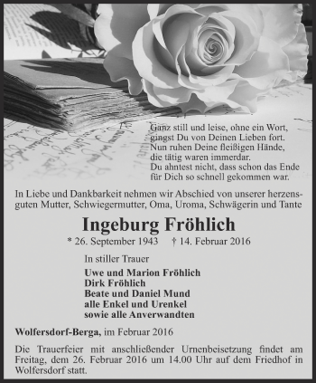 Traueranzeige von Ingeburg Fröhlich von Ostthüringer Zeitung