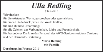 Traueranzeige von Ulla Redling von Ostthüringer Zeitung, Thüringische Landeszeitung