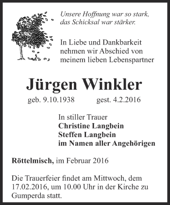 Traueranzeige von Jürgen Winkler von Ostthüringer Zeitung, Thüringische Landeszeitung