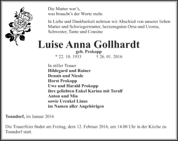 Traueranzeige von Luise Anna Gollhardt von Thüringer Allgemeine, Thüringische Landeszeitung