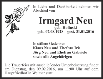 Traueranzeige von Irmgard Neu von Thüringer Allgemeine, Thüringische Landeszeitung