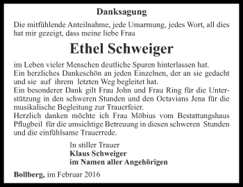 Traueranzeige von Ethel Schweiger von Ostthüringer Zeitung, Thüringische Landeszeitung