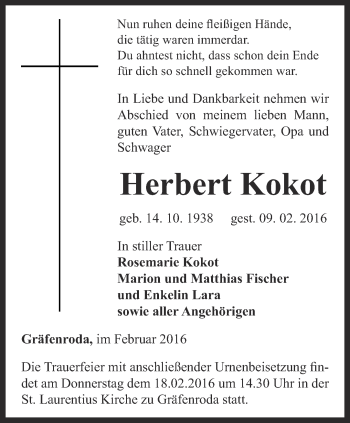 Traueranzeige von Herbert Kokot von Thüringer Allgemeine