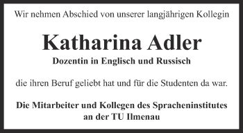 Traueranzeige von Katharina Adler von Thüringer Allgemeine