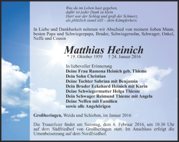 Traueranzeige von Matthias Heinich von Thüringer Allgemeine, Thüringische Landeszeitung