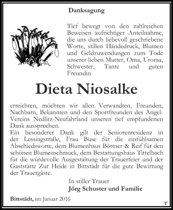 Traueranzeige von Dieta Niosalke von Thüringer Allgemeine