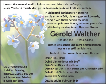 Traueranzeige von Gerold Walther von Ostthüringer Zeitung