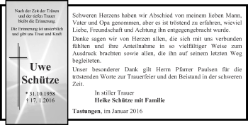 Traueranzeige von Uwe Schütze von Thüringer Allgemeine
