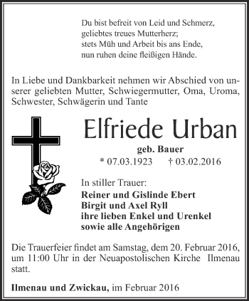 Traueranzeige von Elfriede Urban von Thüringer Allgemeine