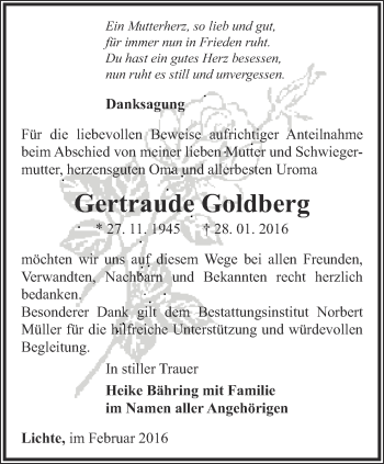 Traueranzeige von Gertraude Goldberg von Ostthüringer Zeitung