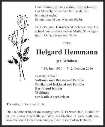 Traueranzeige von Helgard Hemmann von Ostthüringer Zeitung