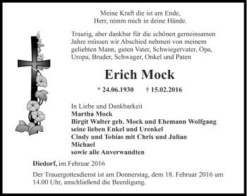 Traueranzeige von Erich Mock von Thüringer Allgemeine, Thüringische Landeszeitung