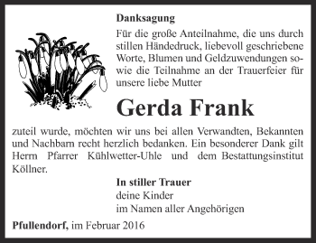 Traueranzeige von Gerda Frank von Ostthüringer Zeitung, Thüringische Landeszeitung