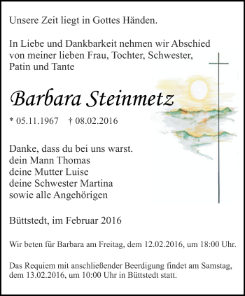 Traueranzeige von Barbara Steinmetz von Thüringer Allgemeine, Thüringische Landeszeitung