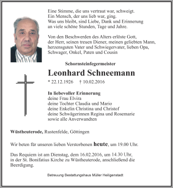 Traueranzeige von Leonhard Schneemann von Thüringer Allgemeine