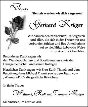 Traueranzeige von Gerhard Krüger von Thüringer Allgemeine, Thüringische Landeszeitung