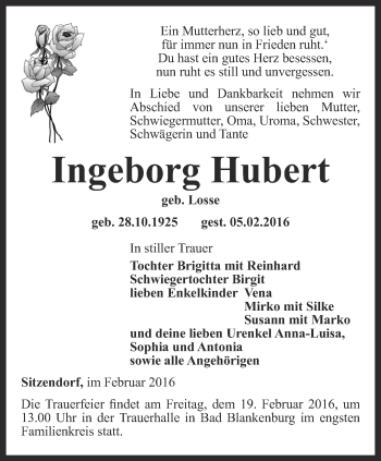 Traueranzeige von Ingeborg Hubert von Ostthüringer Zeitung