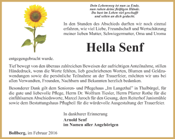 Traueranzeige von Hella Senf von Ostthüringer Zeitung