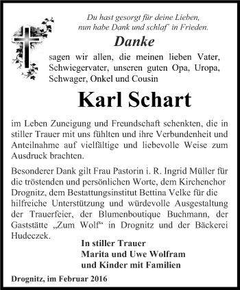 Traueranzeige von Karl Schart von Ostthüringer Zeitung