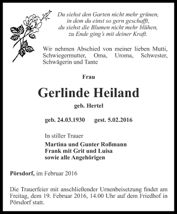 Traueranzeige von Gerlinde Heiland von Ostthüringer Zeitung