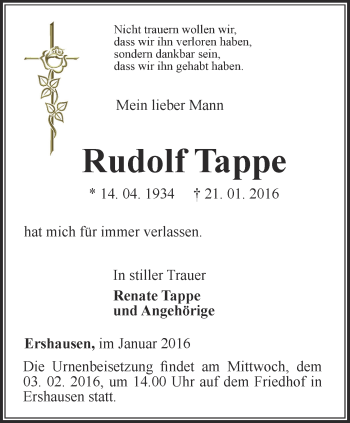 Traueranzeige von Rudolf Tappe von Thüringer Allgemeine