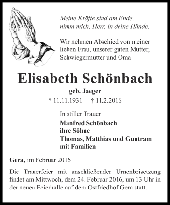 Traueranzeige von Elisabeth Schönbach von Ostthüringer Zeitung