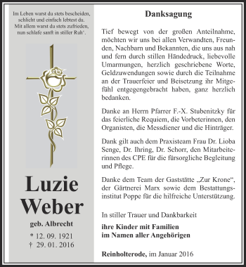 Traueranzeige von Luzie Weber von Thüringer Allgemeine