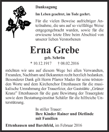 Traueranzeige von Erna Grebe von Thüringer Allgemeine, Thüringische Landeszeitung