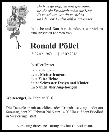 Traueranzeige von Ronald Pößel von Thüringer Allgemeine