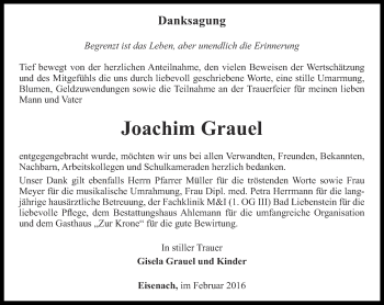 Traueranzeige von Joachim Grauel von Thüringer Allgemeine, Thüringische Landeszeitung