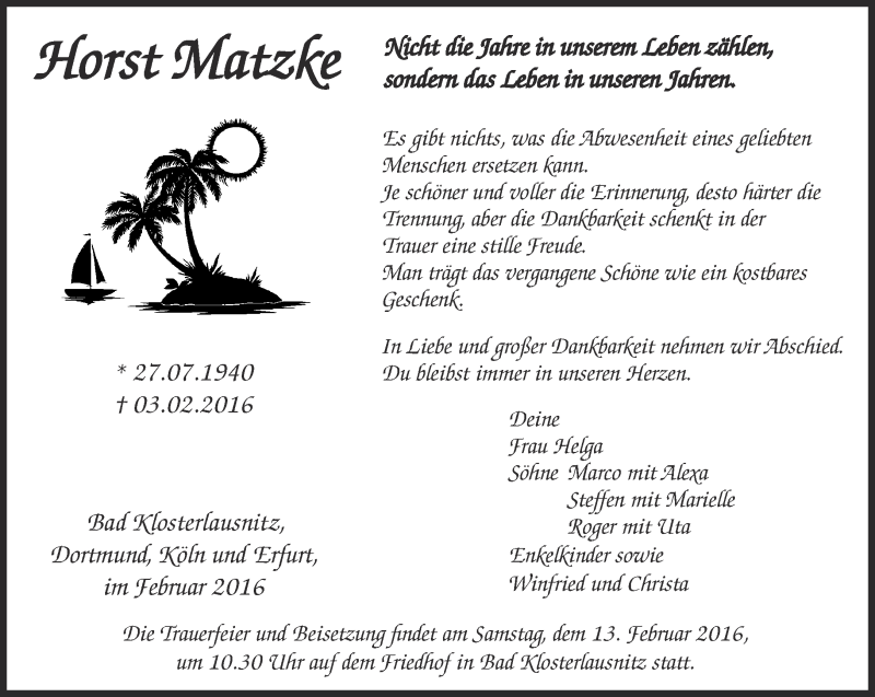  Traueranzeige für Horst Matzke vom 11.02.2016 aus Ostthüringer Zeitung