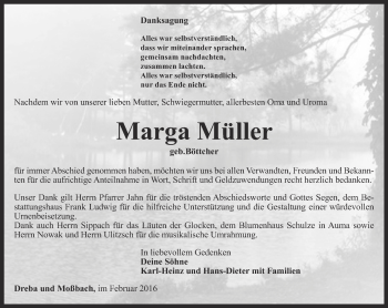 Traueranzeige von Marga Müller von Ostthüringer Zeitung