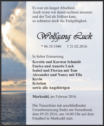 Traueranzeige von Wolfgang Luck von Thüringer Allgemeine, Thüringische Landeszeitung