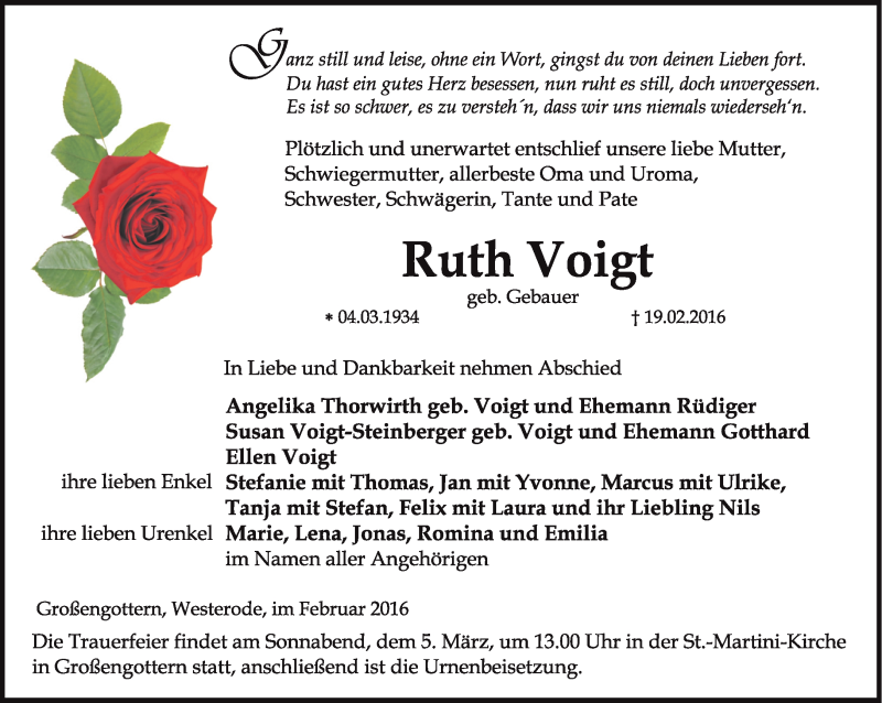  Traueranzeige für Ruth Voigt vom 27.02.2016 aus Thüringer Allgemeine, Thüringische Landeszeitung