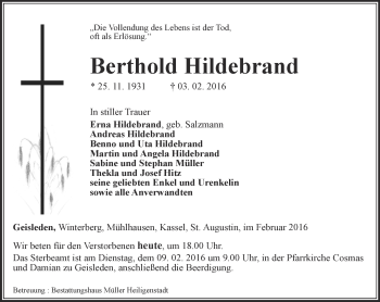 Traueranzeige von Berthold Hildebrand von Thüringer Allgemeine