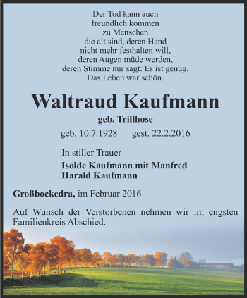 Traueranzeige von Waltraud Kaufmann von Ostthüringer Zeitung