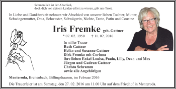 Traueranzeige von Iris Fremke von Thüringer Allgemeine, Thüringische Landeszeitung