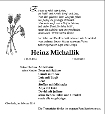 Traueranzeige von Heinz Michallik von Thüringer Allgemeine, Thüringische Landeszeitung