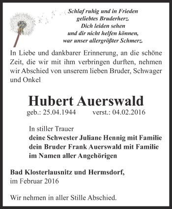 Traueranzeige von Hubert Auerswald von Ostthüringer Zeitung