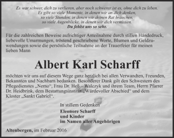 Traueranzeige von Albert Karl Scharff von Ostthüringer Zeitung, Thüringische Landeszeitung