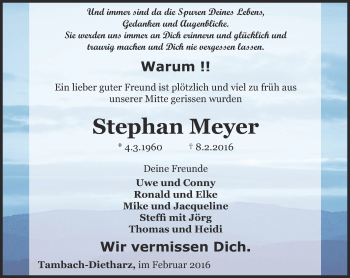 Traueranzeige von Stephan Meyer von Ostthüringer Zeitung, Thüringische Landeszeitung