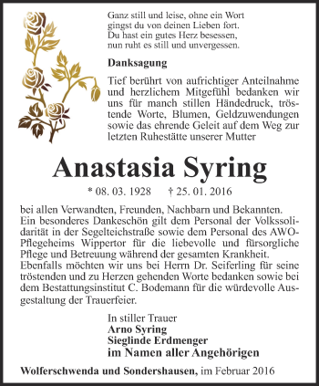 Traueranzeige von Anastasia Syring von Thüringer Allgemeine